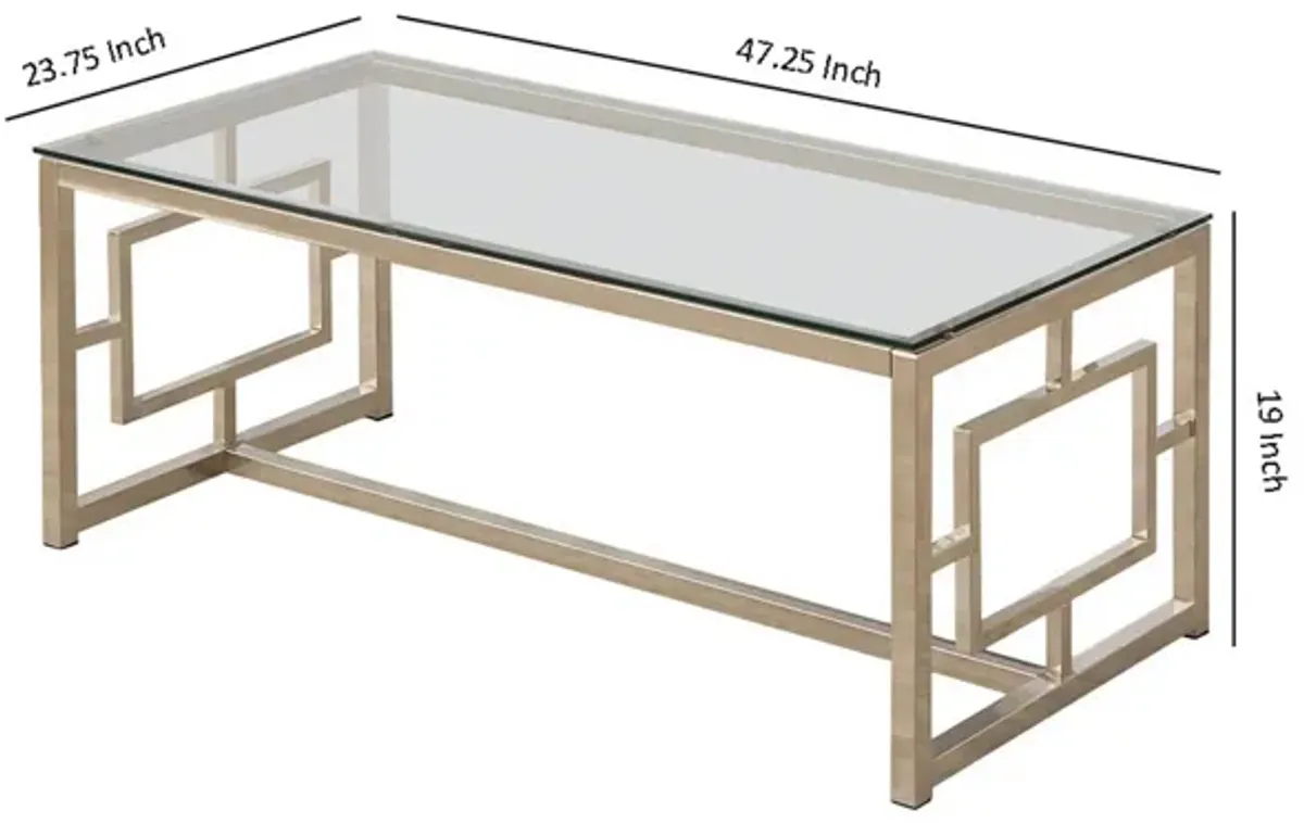 Tempered Glass Top Coffee Table with Lattice Cut Outs, Silver and Clear-Benzara