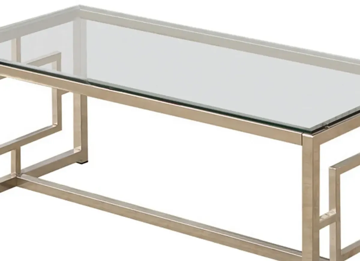 Tempered Glass Top Coffee Table with Lattice Cut Outs, Silver and Clear-Benzara