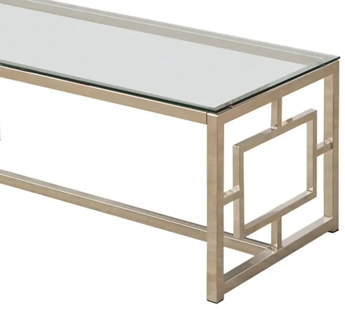 Tempered Glass Top Coffee Table with Lattice Cut Outs, Silver and Clear-Benzara