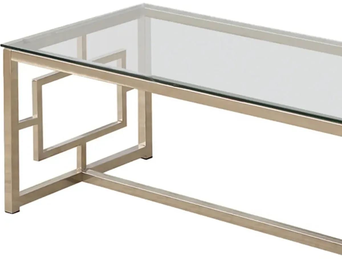 Tempered Glass Top Coffee Table with Lattice Cut Outs, Silver and Clear-Benzara