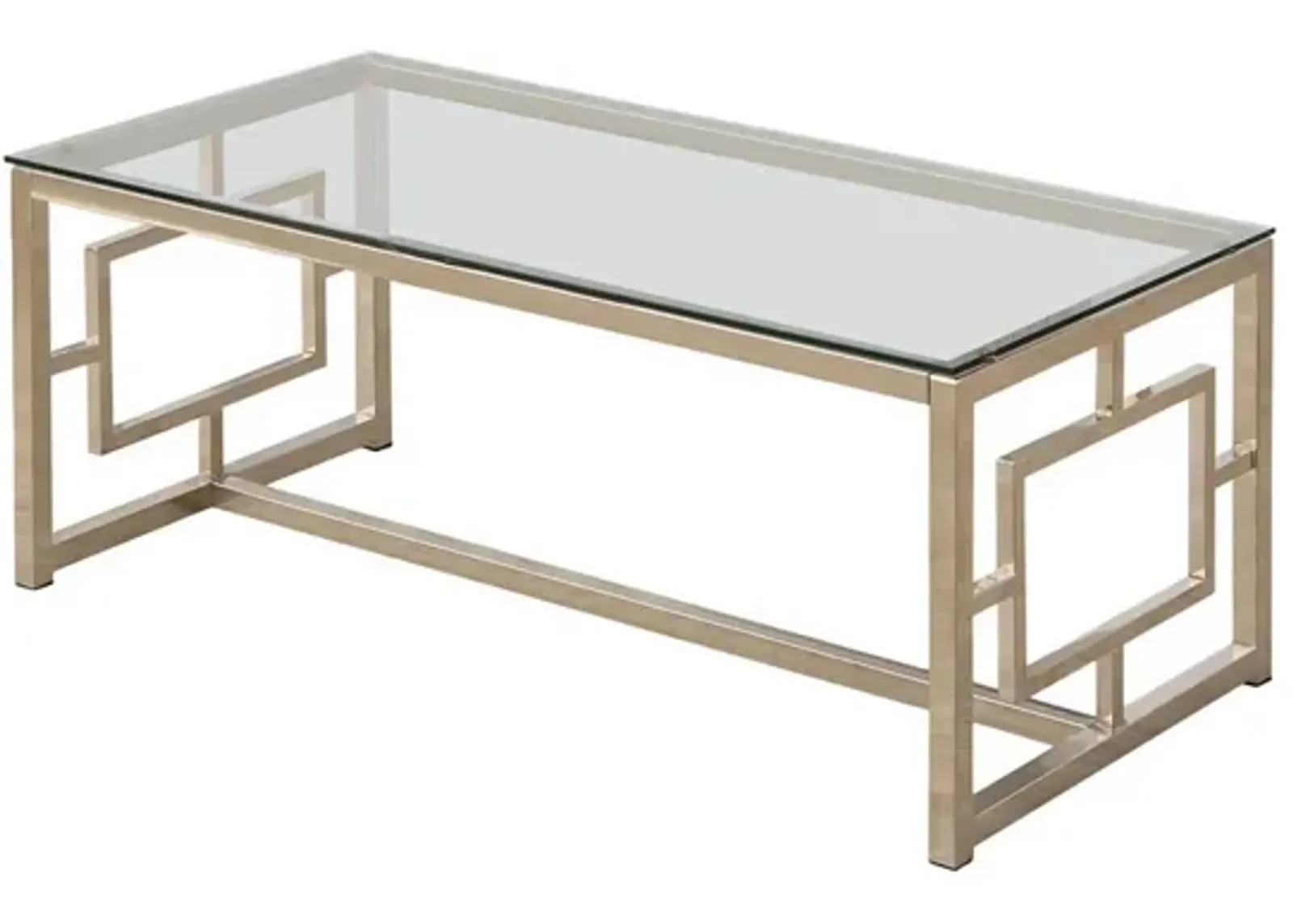 Tempered Glass Top Coffee Table with Lattice Cut Outs, Silver and Clear-Benzara