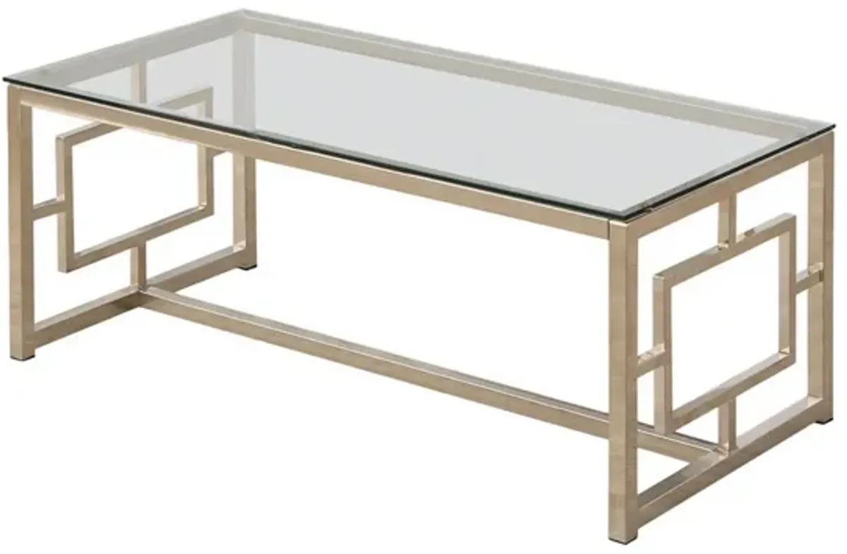 Tempered Glass Top Coffee Table with Lattice Cut Outs, Silver and Clear-Benzara