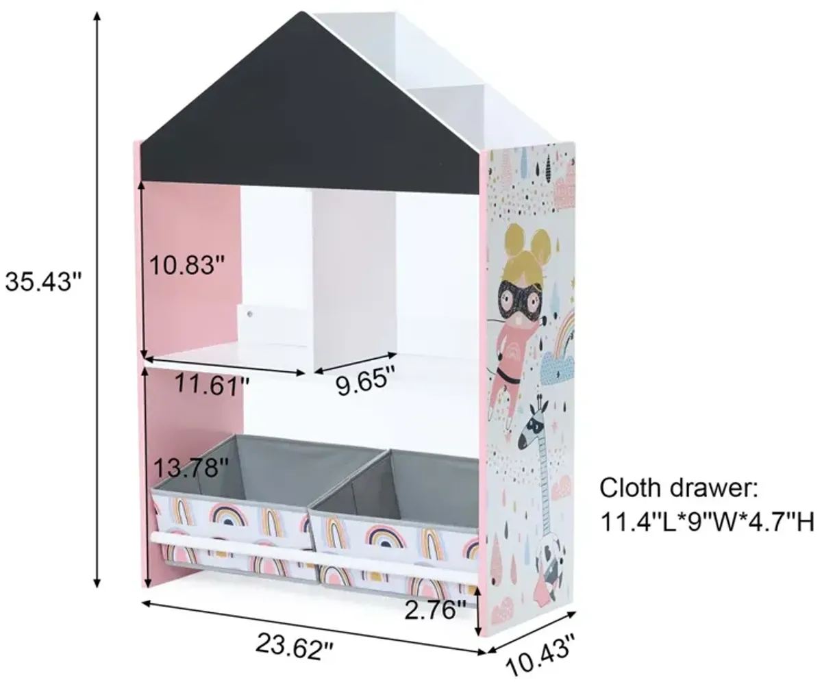 LuxenHome Children's Multi-Functional Dinosaur House Bookcase Toy Storage Bin Floor Cabinet with Blackboard