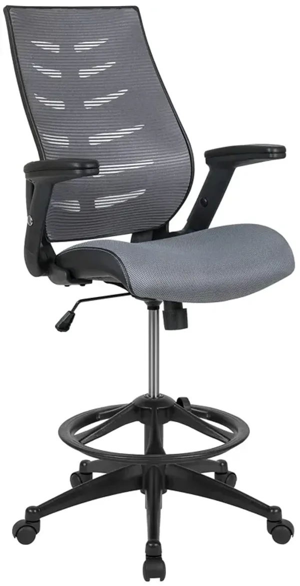Flash Furniture Kale High Back Dark Gray Mesh Spine-Back Ergonomic Drafting Chair with Adjustable Foot Ring and Adjustable Flip-Up Arms
