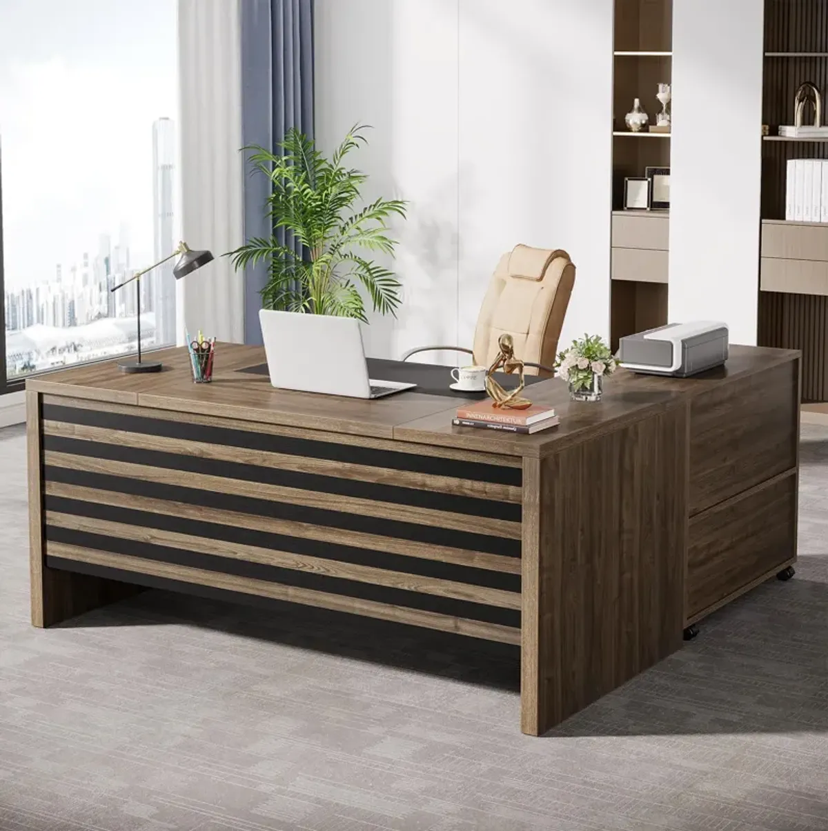 Tribesigns 62.2 Executive Desk with Mobile File Cabinet, L-Shaped Office Desk with Storage Shelves, Large Computer Desk Busine