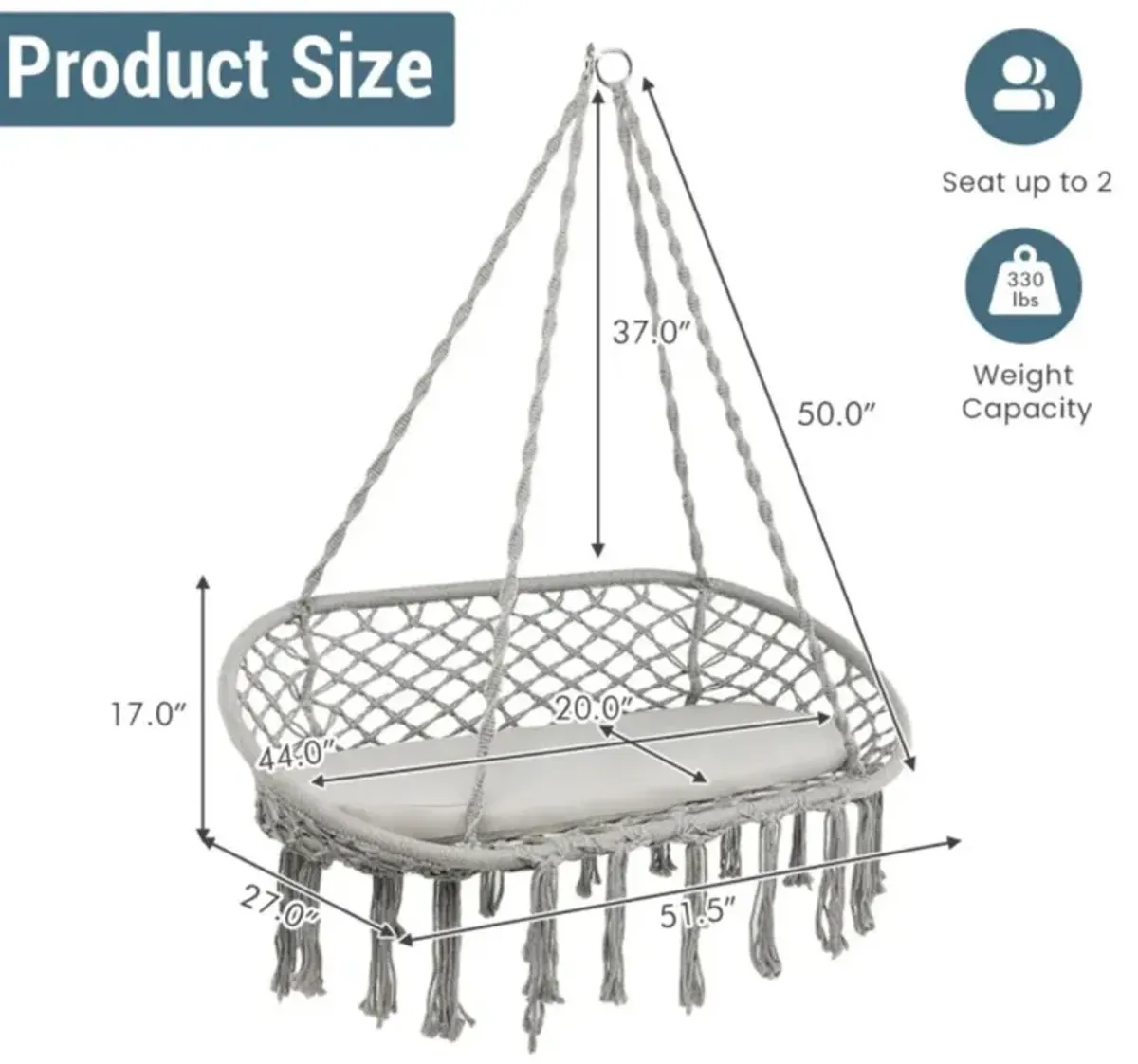 Hivvago 2 Person Hanging Hammock Chair Macrame Swing with Zippered Cushion