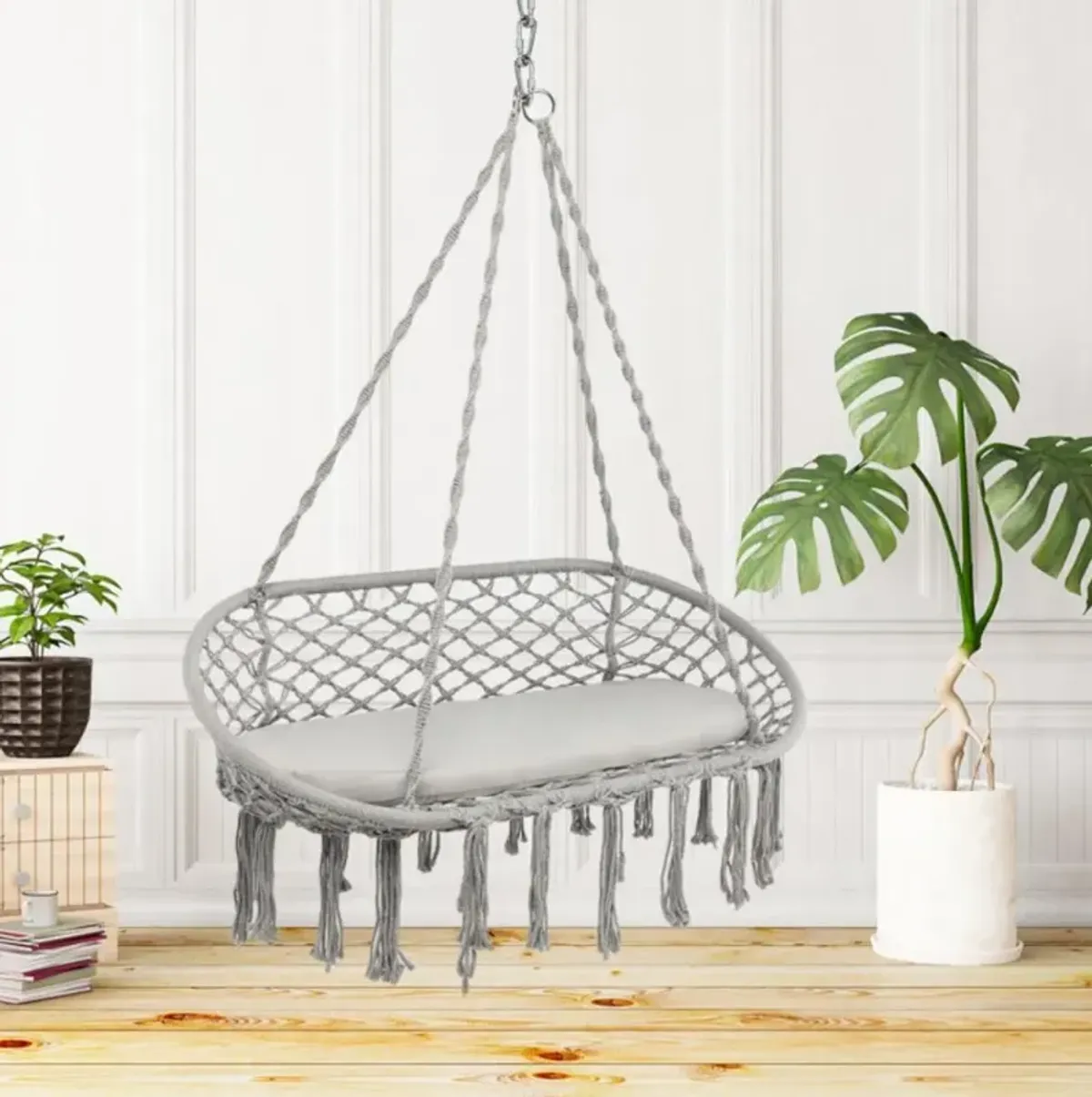 Hivvago 2 Person Hanging Hammock Chair Macrame Swing with Zippered Cushion