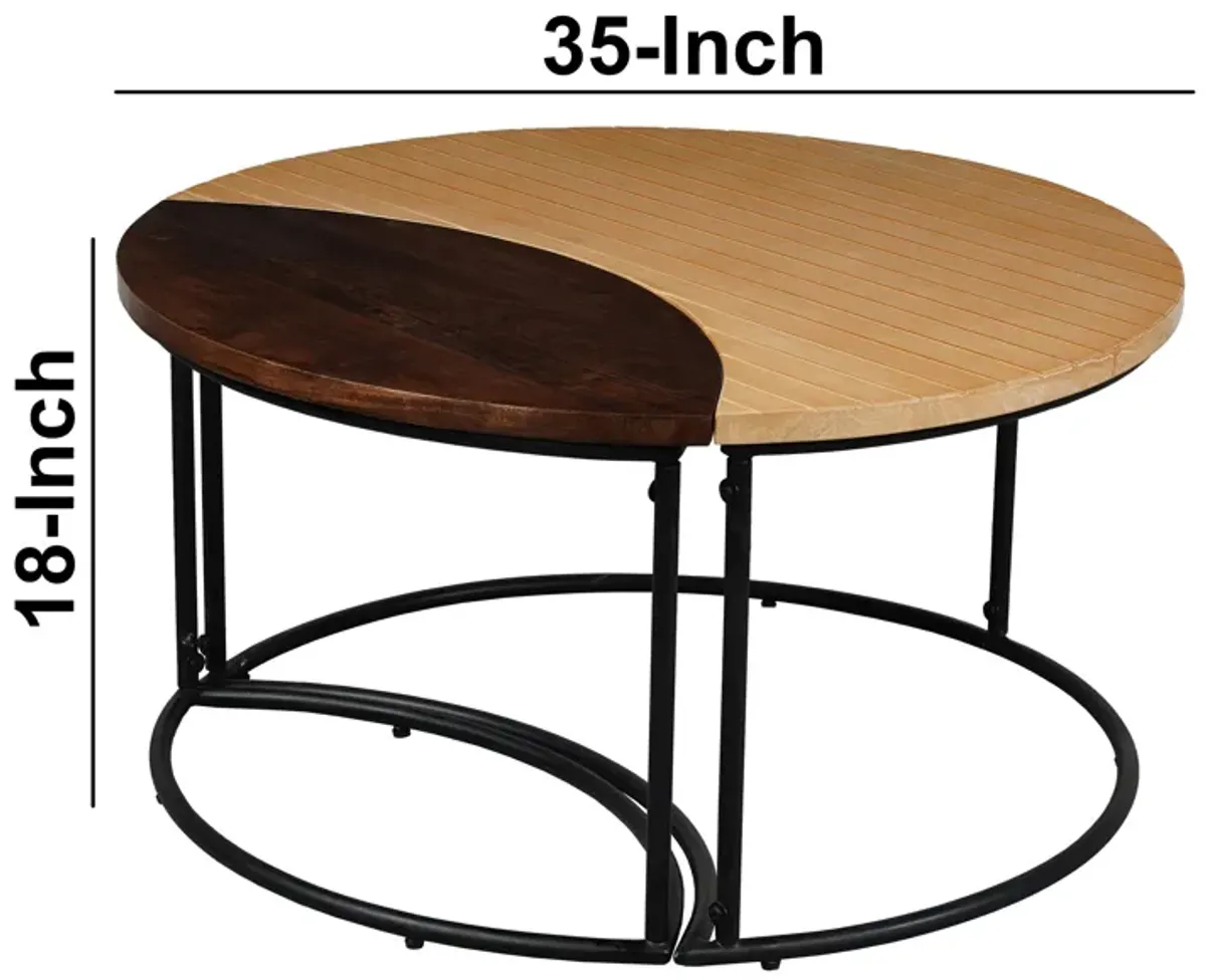 35 Inch 2 Piece Coffee Table with Black Iron Frame, 2 Tone Mango Wood Top In Natural Brown and Walnut - Benzara