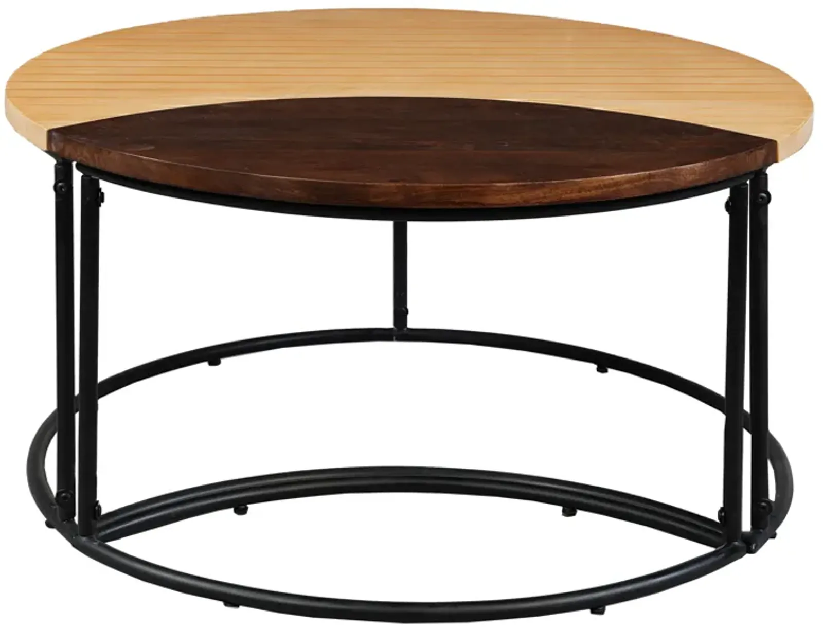 35 Inch 2 Piece Coffee Table with Black Iron Frame, 2 Tone Mango Wood Top In Natural Brown and Walnut - Benzara