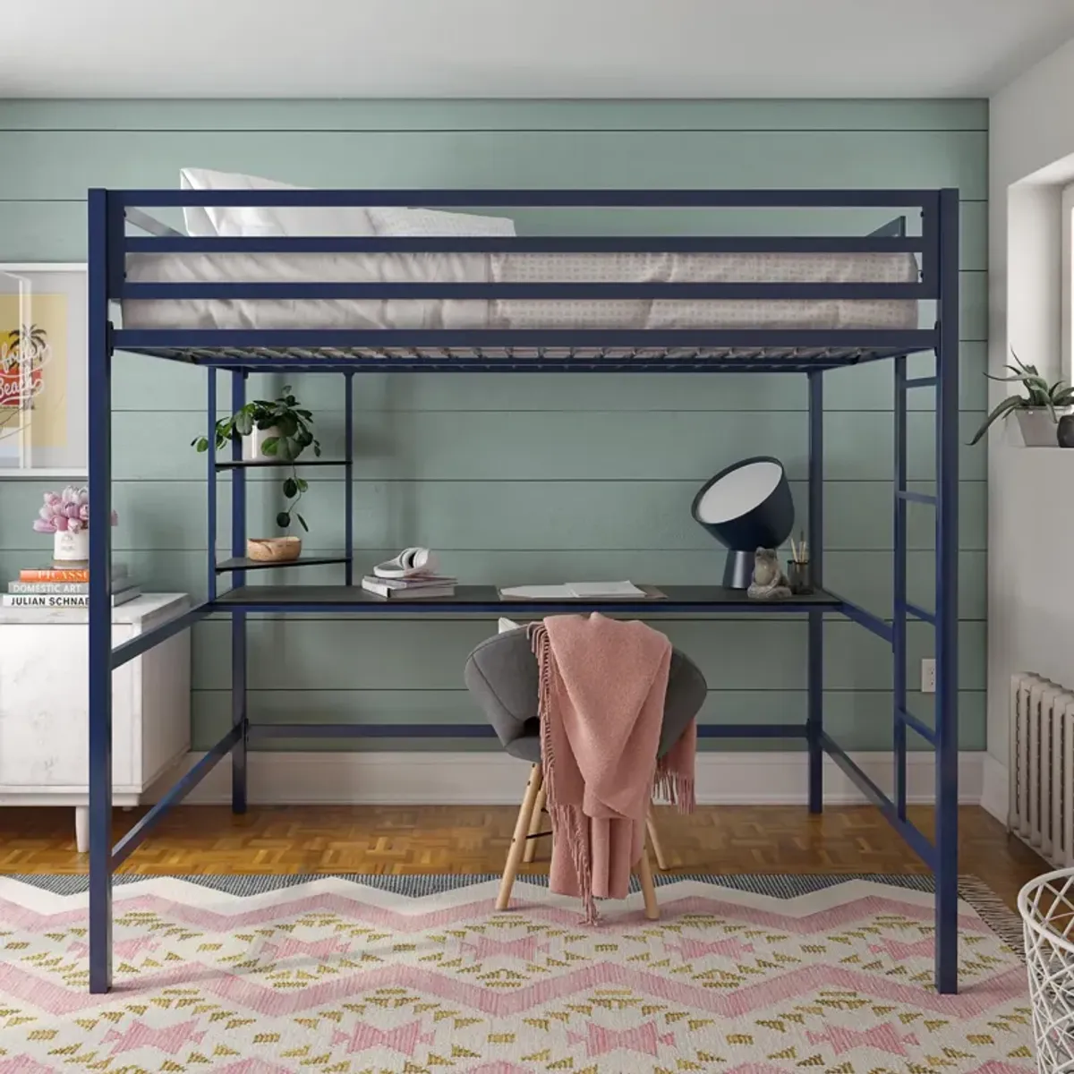 Novogratz Maxwell Metal Loft Bed with Desk & Shelves