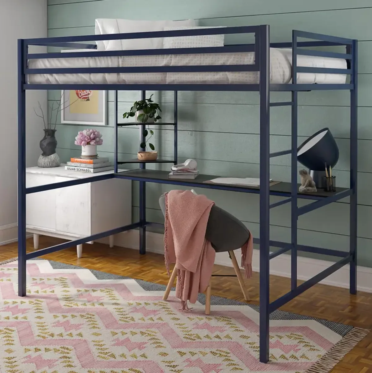 Novogratz Maxwell Metal Loft Bed with Desk & Shelves