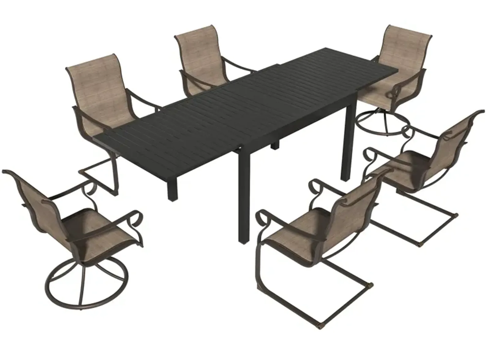 MONDAWE 7-Piece Dining Set For Extra Large Aluminum Telescopic Table,2 Pcs Steel Textiliene Swivel Chairs and 2 Pcs Steel Textiliene Spring Chairs