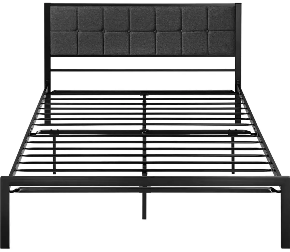 Platform Bed Frame with Metal Build and Brown Wood Panel Features