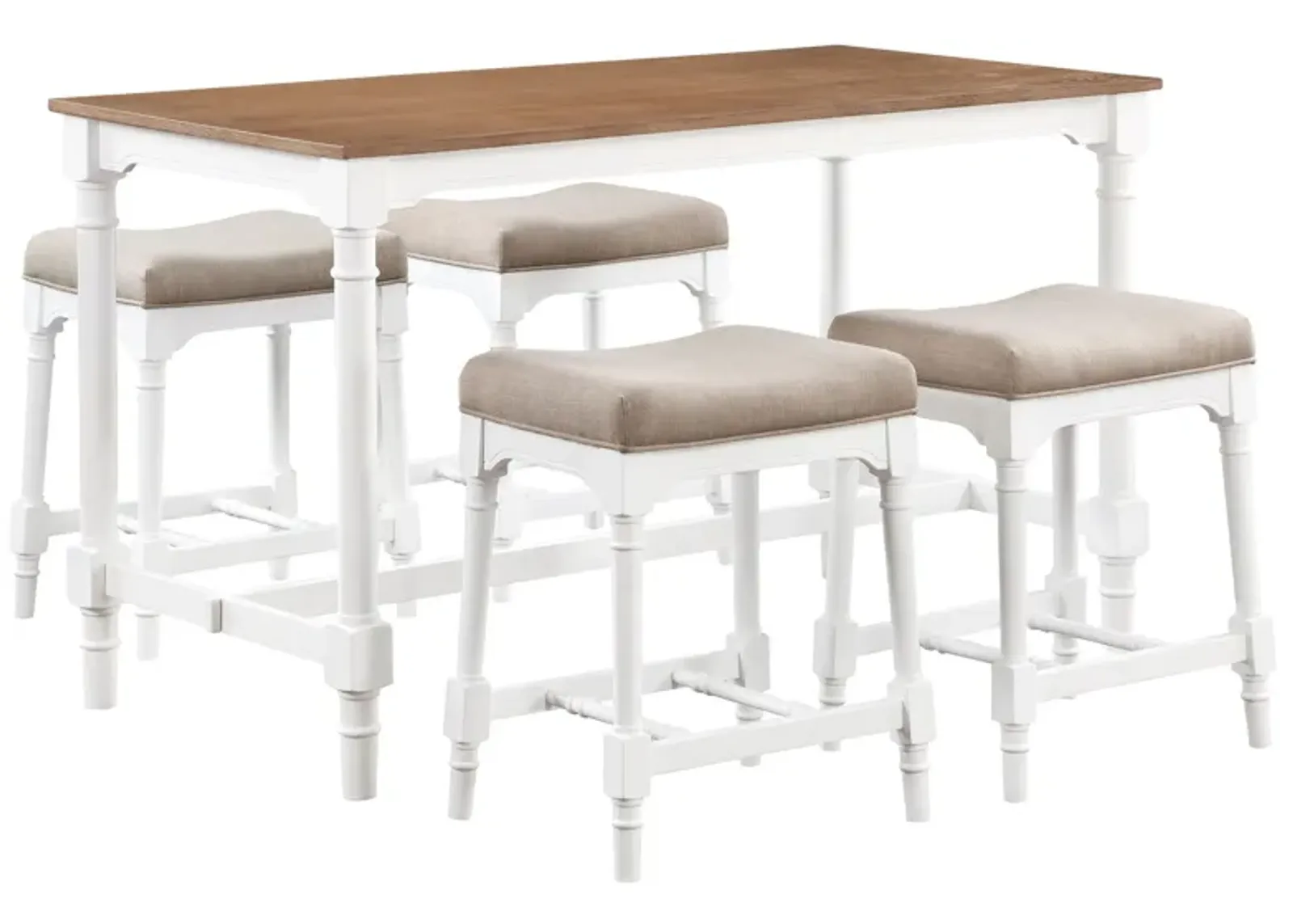 Hima 5 Piece Counter Height Table Set with 4 Stools, Beige Fabric, White - Benzara