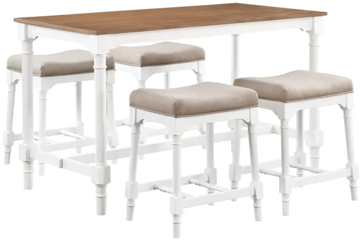 Hima 5 Piece Counter Height Table Set with 4 Stools, Beige Fabric, White - Benzara