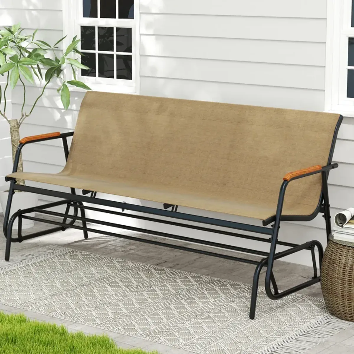 Glider Bench for Patio, 3-Person Capacity with Teak Armrests and Mesh Seat