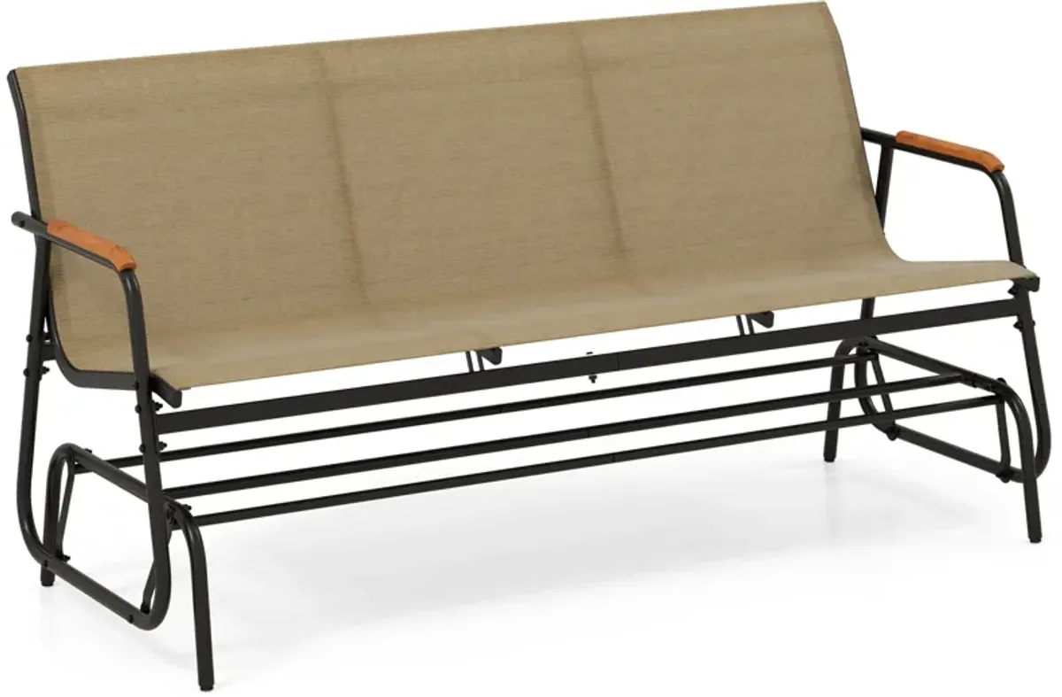 Glider Bench for Patio, 3-Person Capacity with Teak Armrests and Mesh Seat