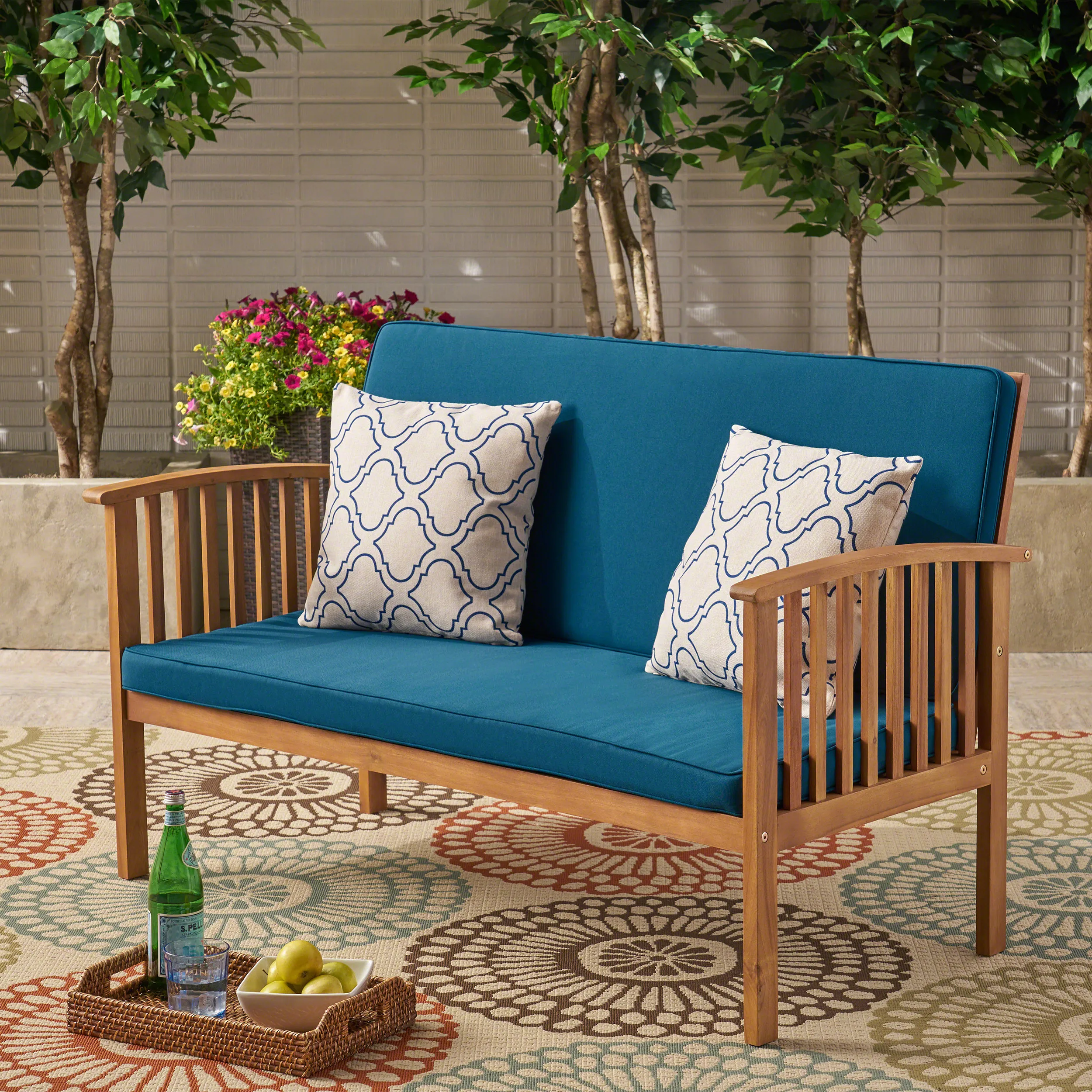 Merax Acacia Wood Outdoor Loveseat Sofa Chair