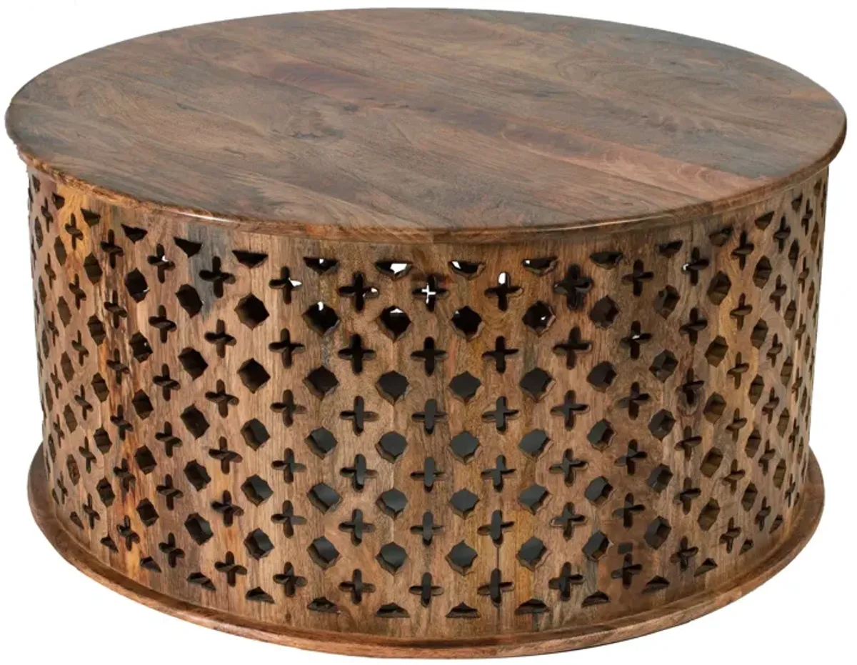 35, 34 Inch Coffee Table Set of 2, Mango Wood Lattice Design, Brown-Benzara