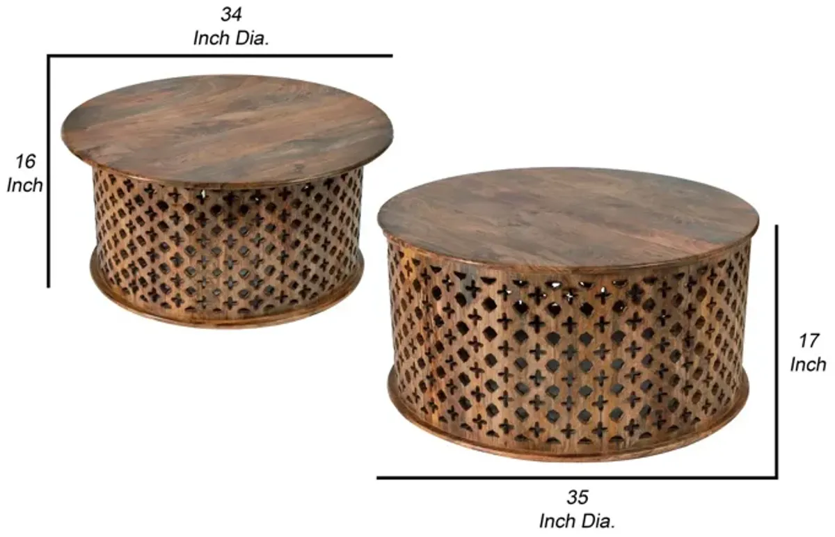 35, 34 Inch Coffee Table Set of 2, Mango Wood Lattice Design, Brown-Benzara