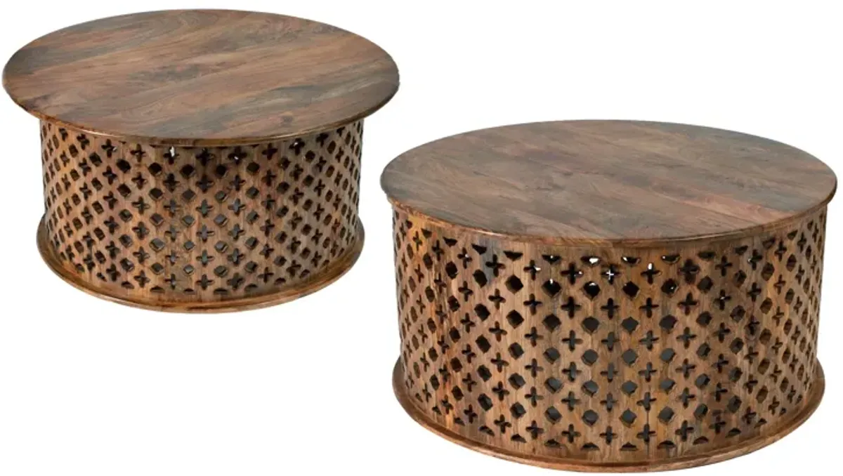 35, 34 Inch Coffee Table Set of 2, Mango Wood Lattice Design, Brown-Benzara