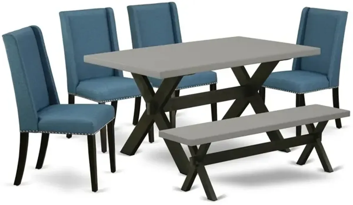East West Furniture 6-Pc Dining room Table Set-Mineral Blue Linen Fabric Seat and High Stylish Chair Back Kitchen chairs, A Rectangular Bench and Rectangular Top Dining Table with Solid Wood Legs - Ce