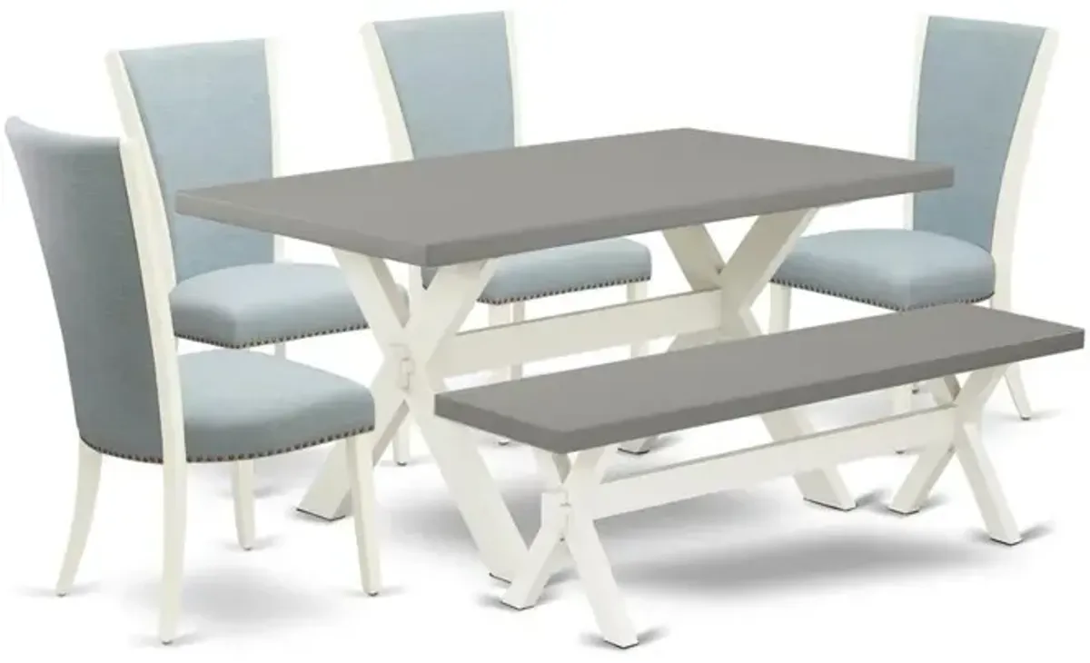 East West Furniture X096VE215-6 6 Piece Modern Dining Table Set - 4 Baby Blue Linen Fabric Parson Dining Chairs with Nailheads and Cement Kitchen Table - 1 Small Bench - Linen White Finish