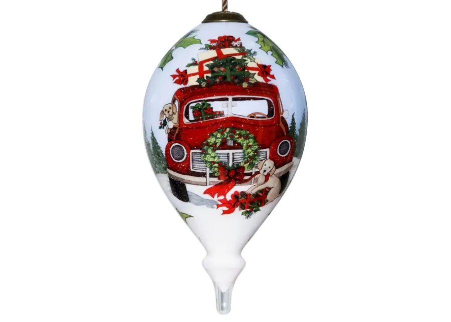 HomeRoots  Truck Christmas Wreath Hand Painted Mouth Blown Glass Ornament Puppy & Red