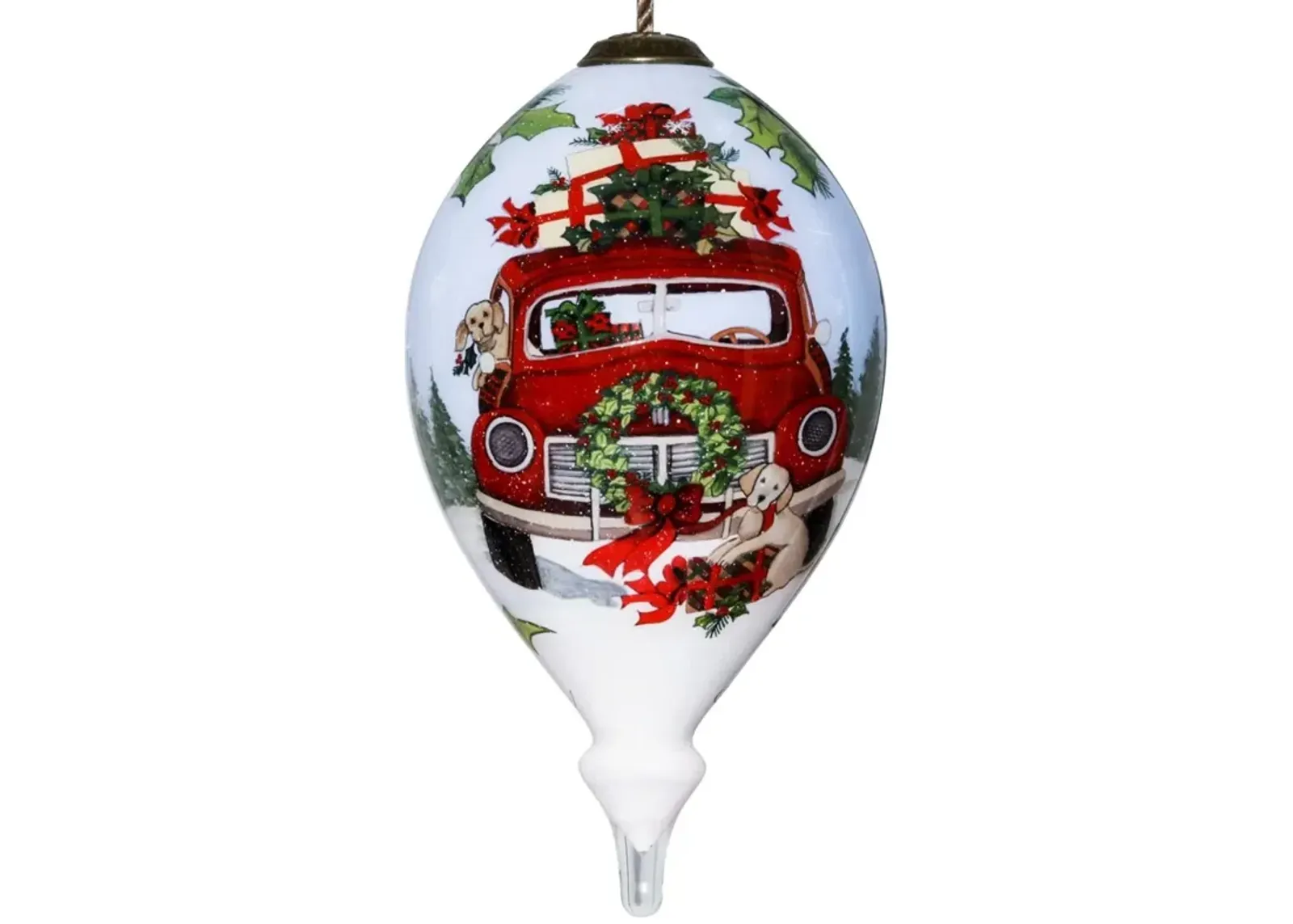 HomeRoots  Truck Christmas Wreath Hand Painted Mouth Blown Glass Ornament Puppy & Red