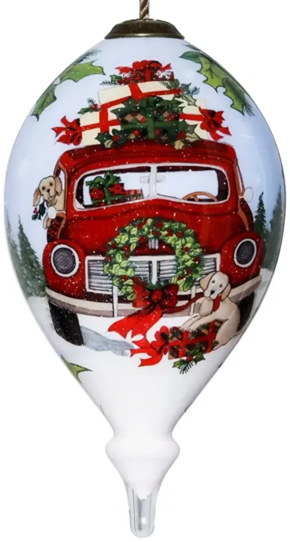 HomeRoots  Truck Christmas Wreath Hand Painted Mouth Blown Glass Ornament Puppy & Red