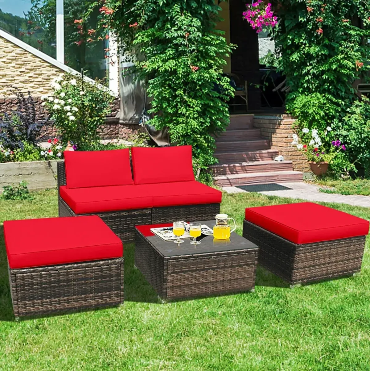 5 Pieces Patio Rattan Furniture Set with Cushioned Armless Sofa