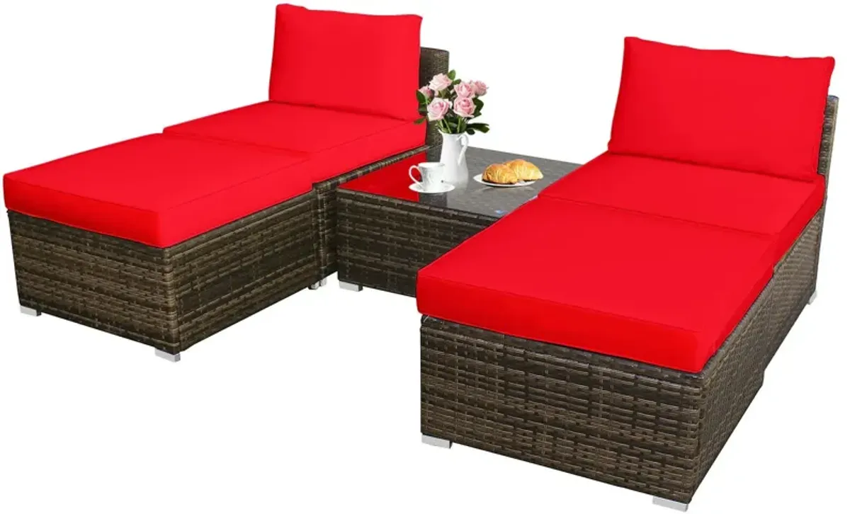 5 Pieces Patio Rattan Furniture Set with Cushioned Armless Sofa