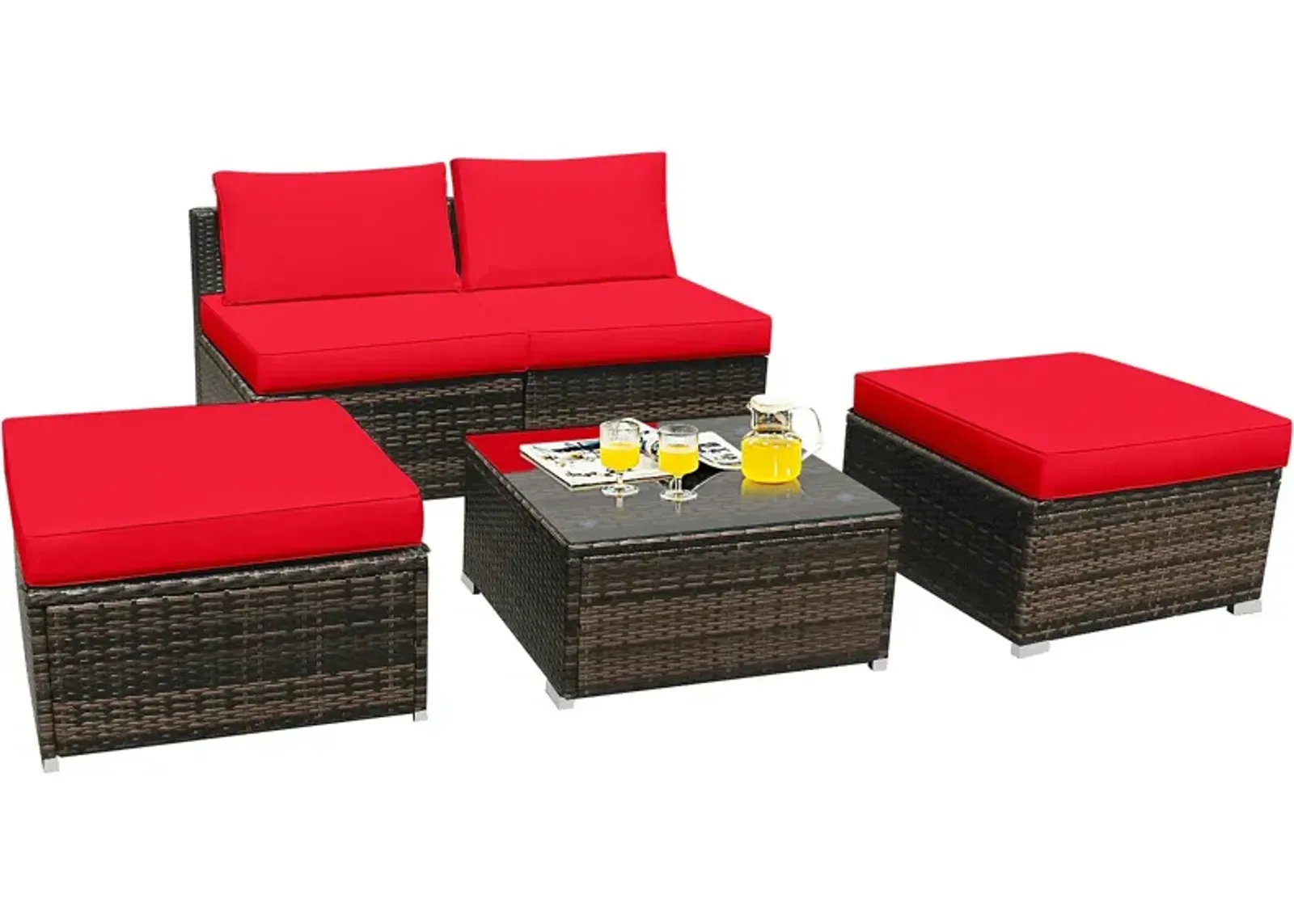 5 Pieces Patio Rattan Furniture Set with Cushioned Armless Sofa