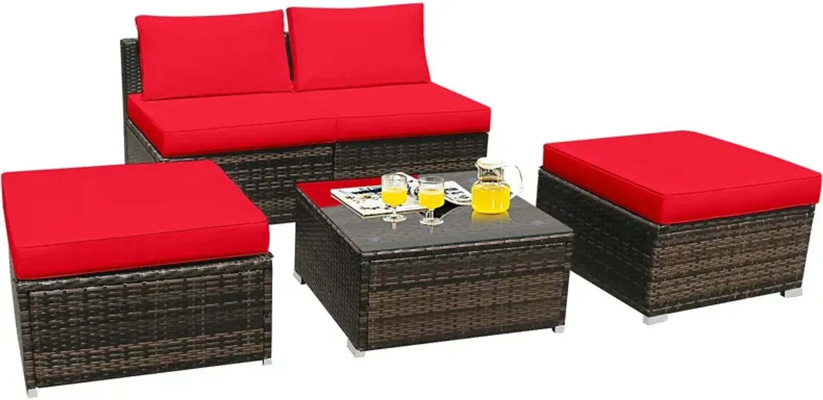 5 Pieces Patio Rattan Furniture Set with Cushioned Armless Sofa