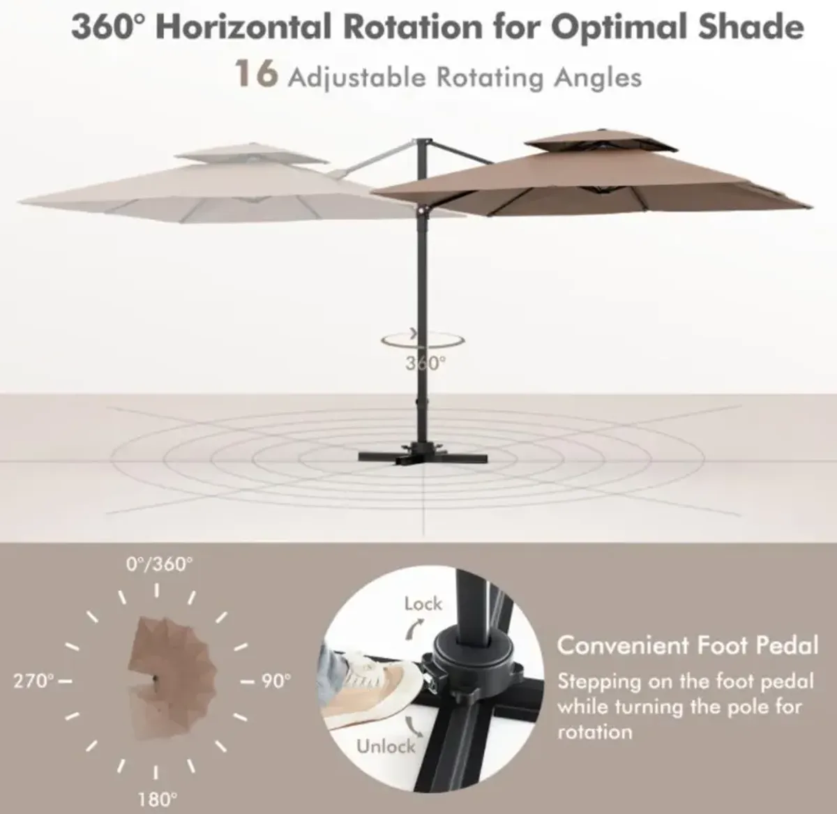 Hivvago 9.5 Feet Cantilever Patio Umbrella with 360° Rotation and Double Top