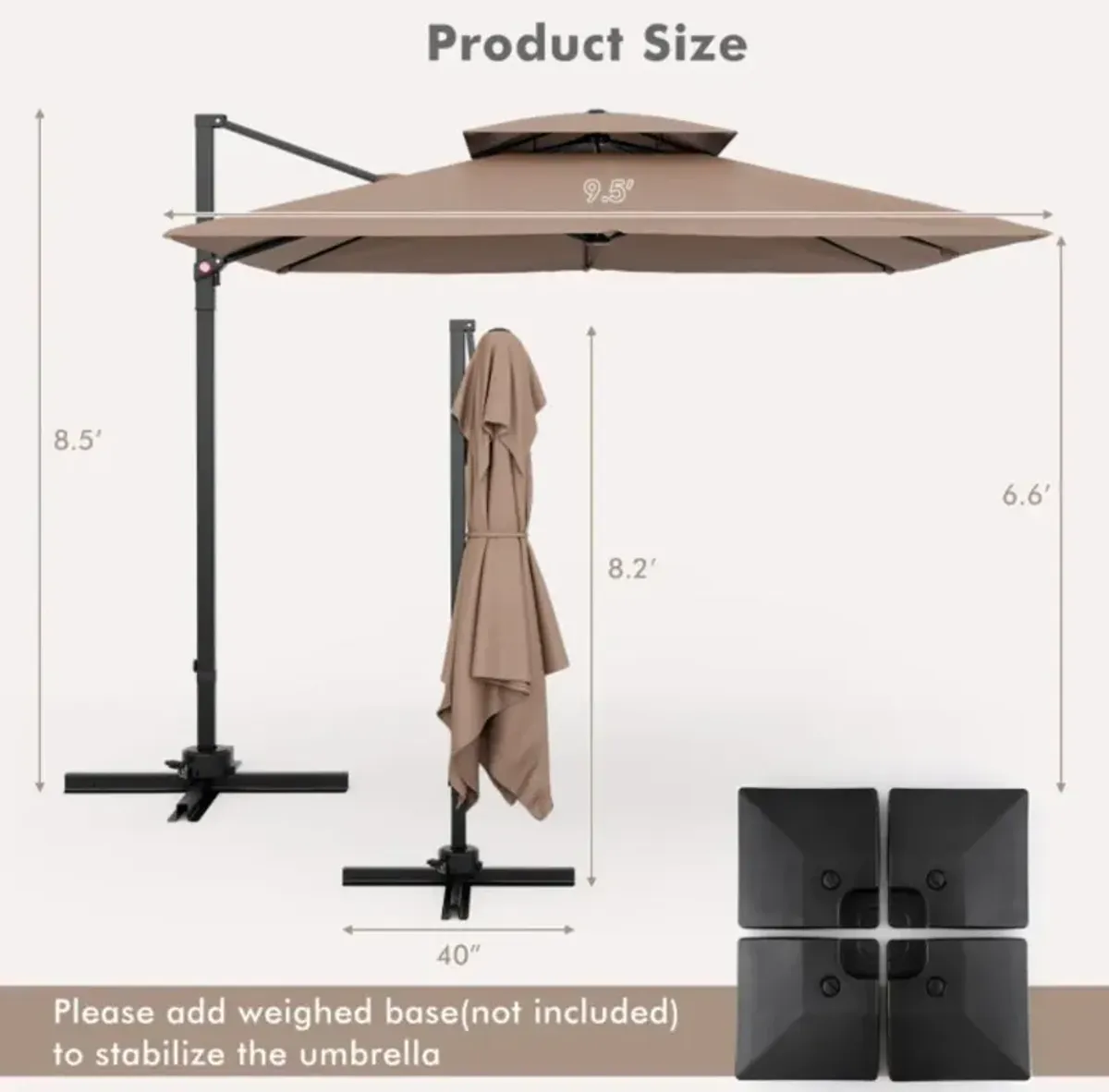 Hivvago 9.5 Feet Cantilever Patio Umbrella with 360° Rotation and Double Top