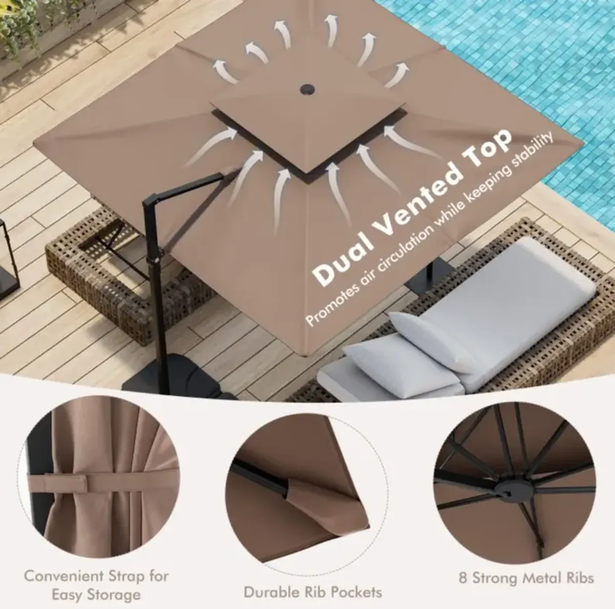 Hivvago 9.5 Feet Cantilever Patio Umbrella with 360° Rotation and Double Top