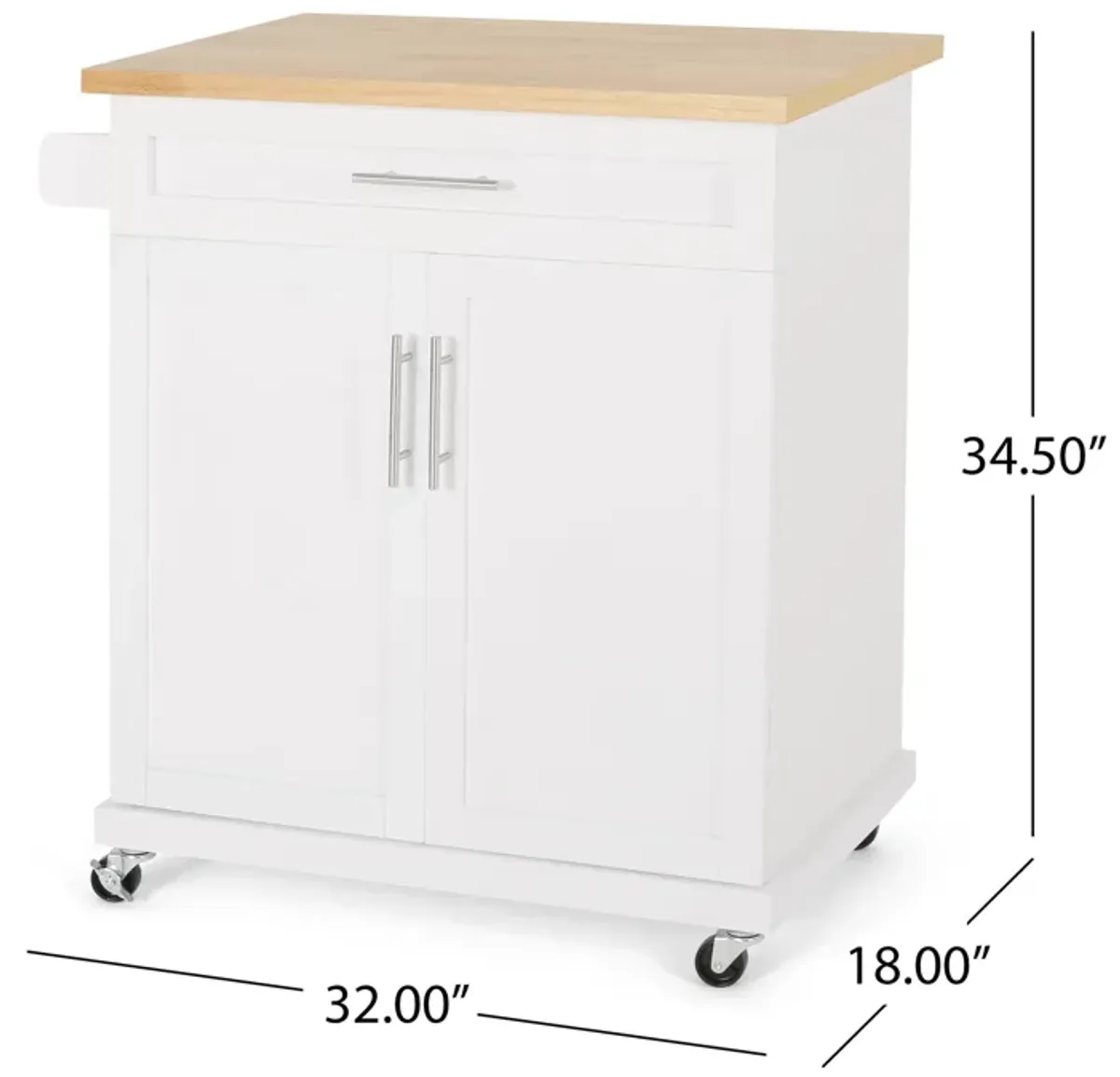 Shine Rolling Kitchen Bar Cart Island, 2 Doors, White Natural Brown - Benzara