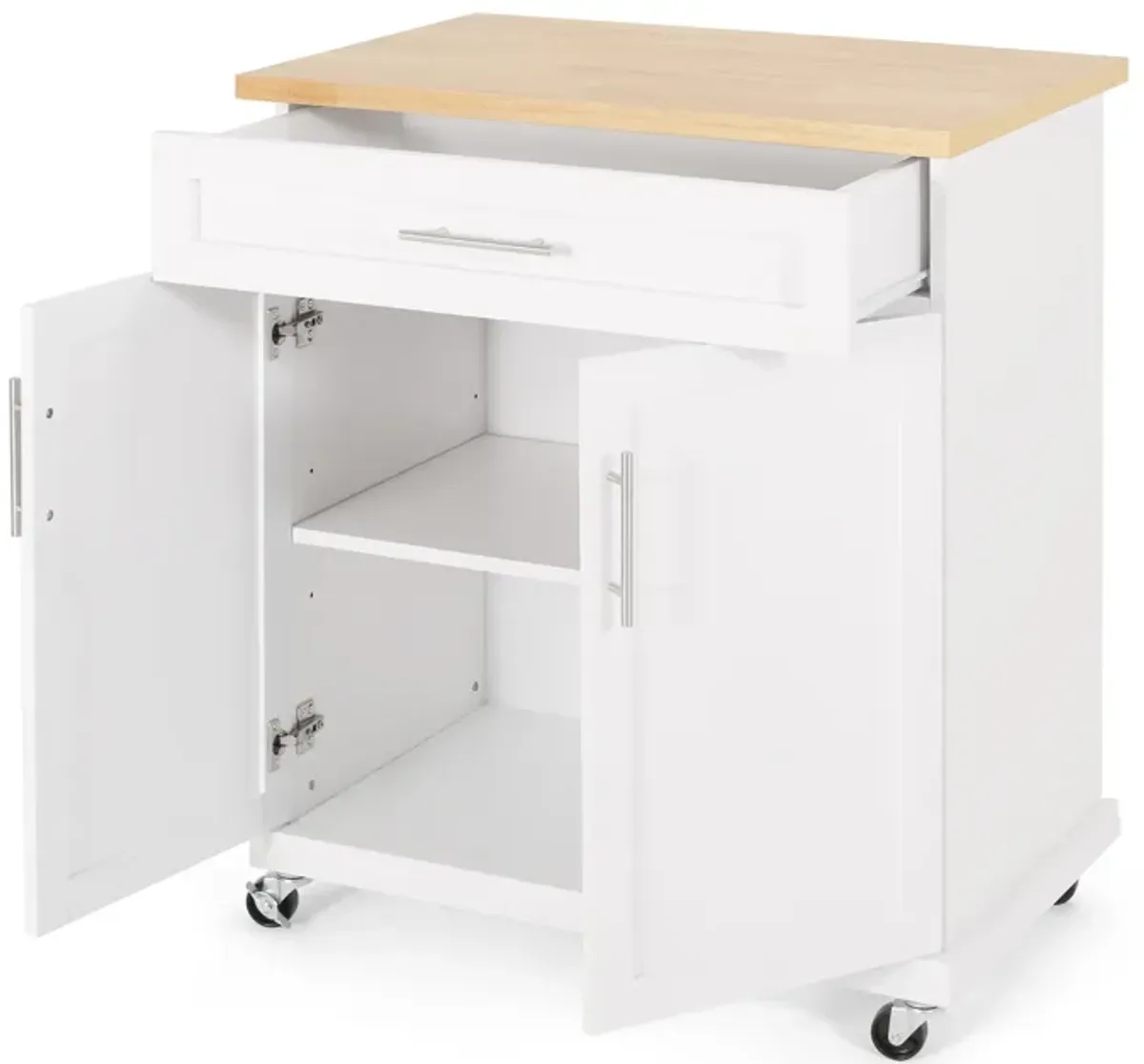 Shine Rolling Kitchen Bar Cart Island, 2 Doors, White Natural Brown - Benzara