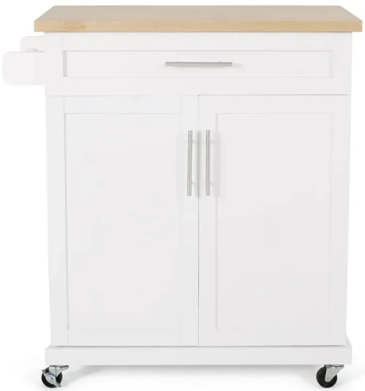 Shine Rolling Kitchen Bar Cart Island, 2 Doors, White Natural Brown - Benzara