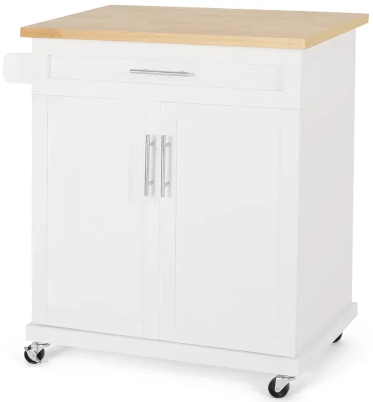 Shine Rolling Kitchen Bar Cart Island, 2 Doors, White Natural Brown - Benzara