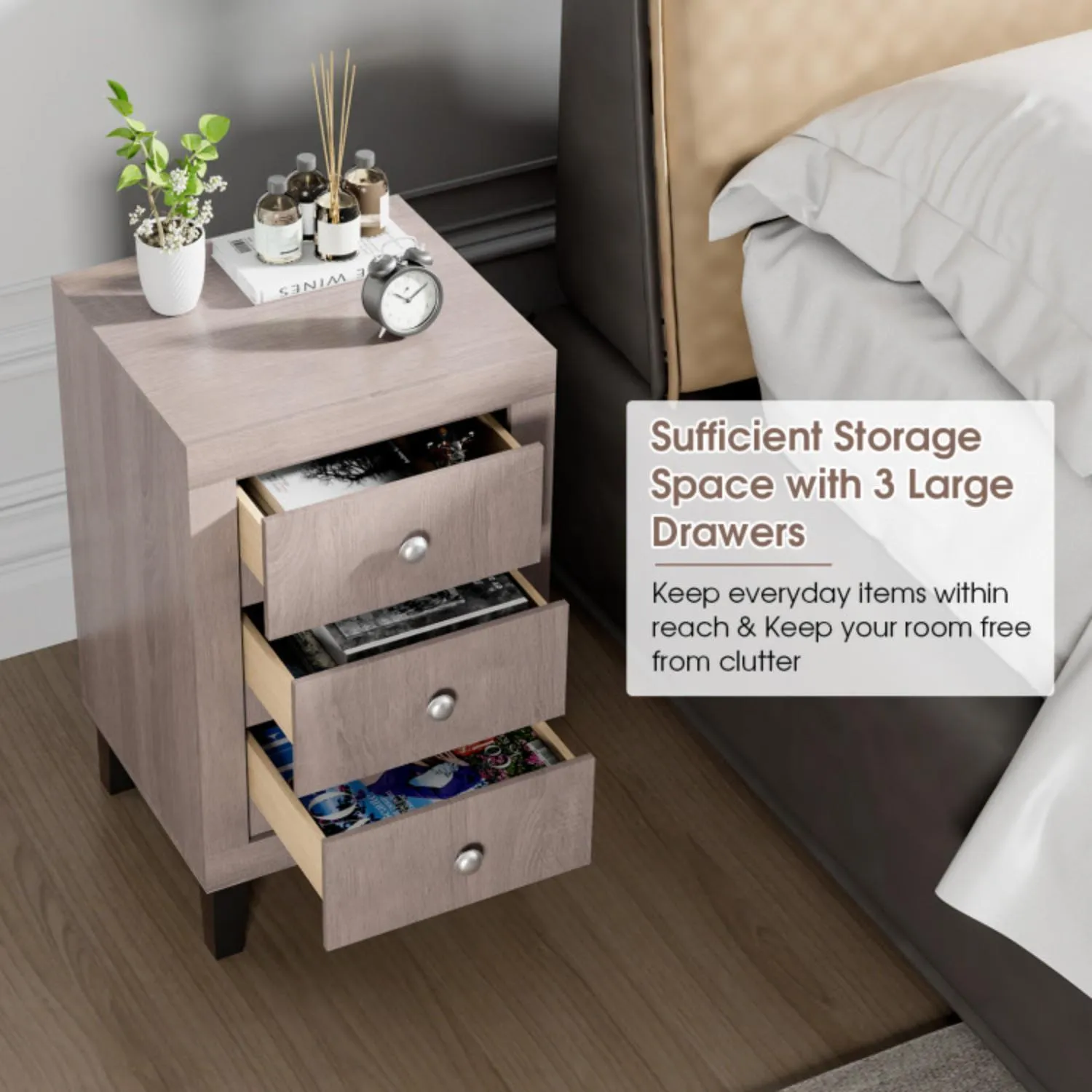 Hivvago Modern Nightstand with 3 Drawers for Bedroom Living Room