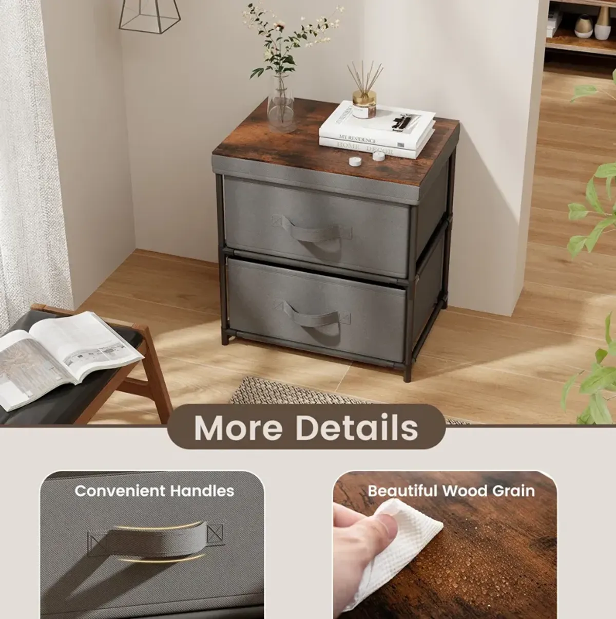 2-Drawer Nightstand with Removable Fabric Bins and Pull Handles-Gray