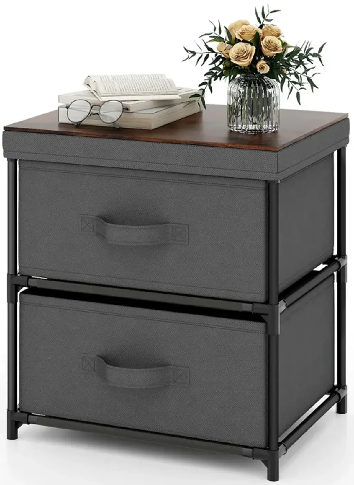 2-Drawer Nightstand with Removable Fabric Bins and Pull Handles-Gray