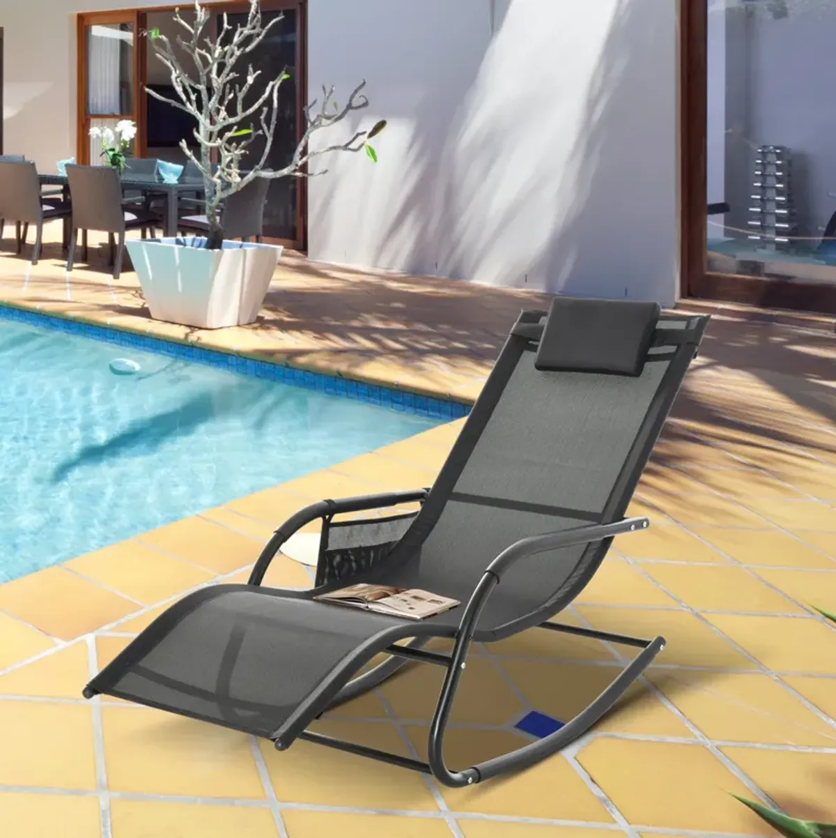 Black Outdoor Rocker: Patio Recliner Chair with Detachable Pillow