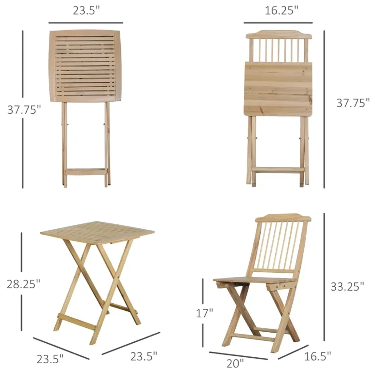 Natural Wood Bistro: 3-Piece Folding Set with Cushions for Patio