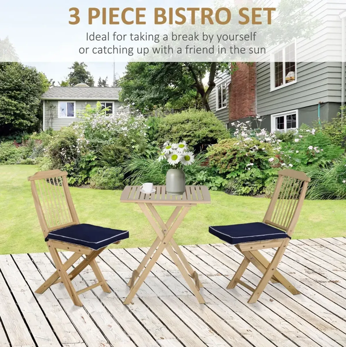 Natural Wood Bistro: 3-Piece Folding Set with Cushions for Patio