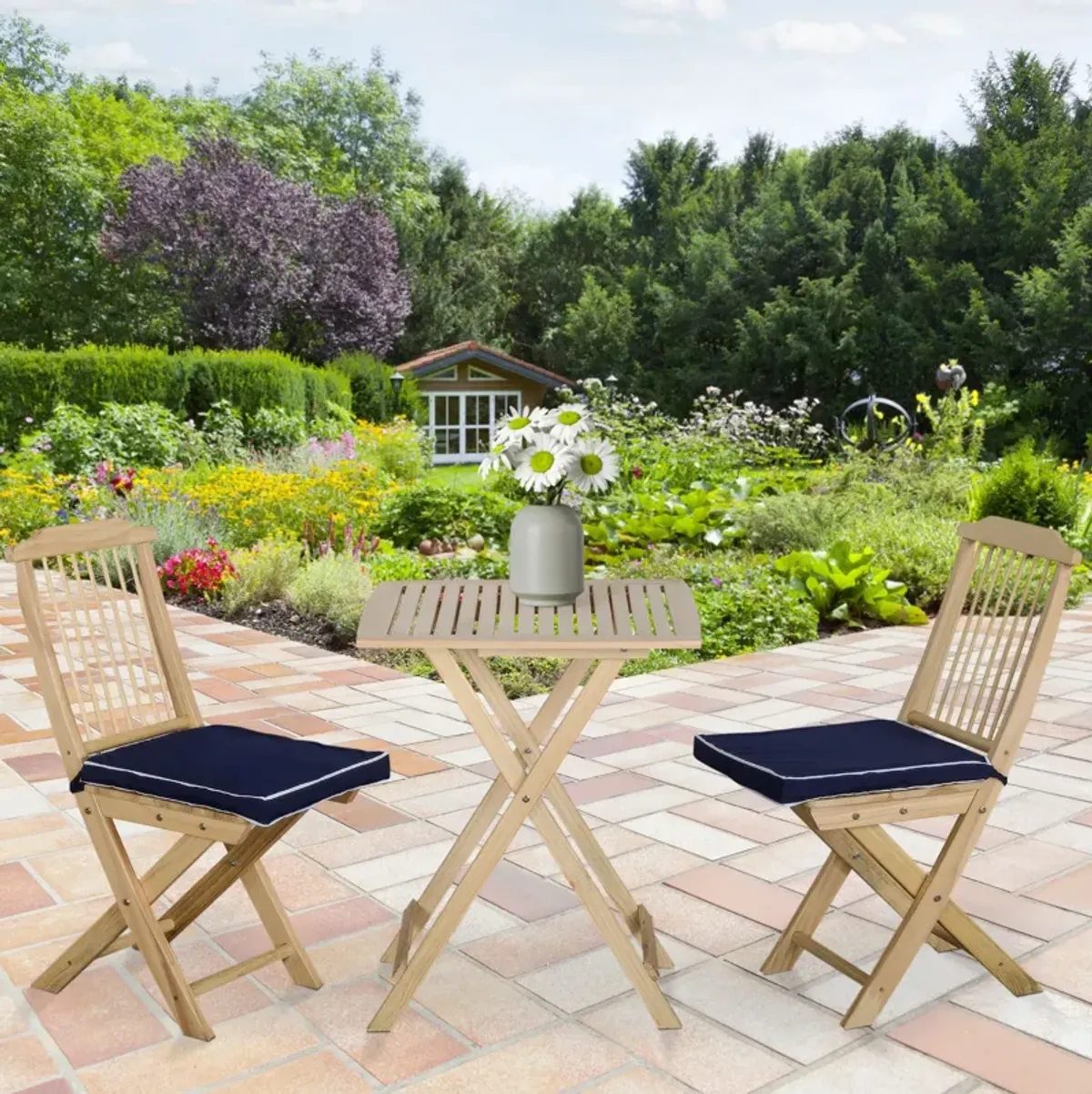 Natural Wood Bistro: 3-Piece Folding Set with Cushions for Patio