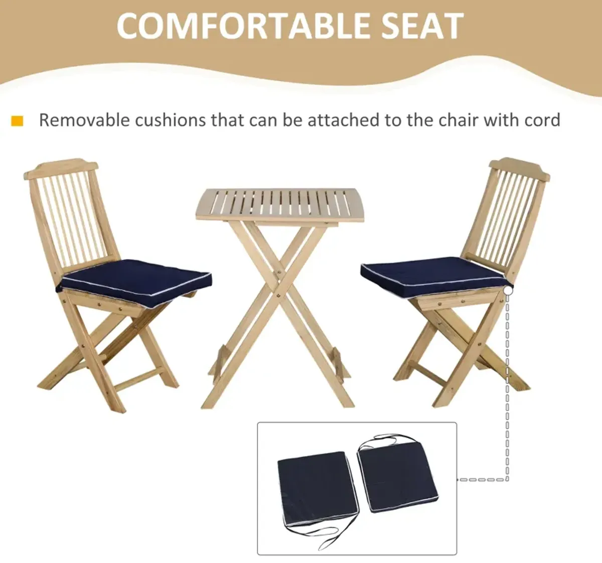 Natural Wood Bistro: 3-Piece Folding Set with Cushions for Patio