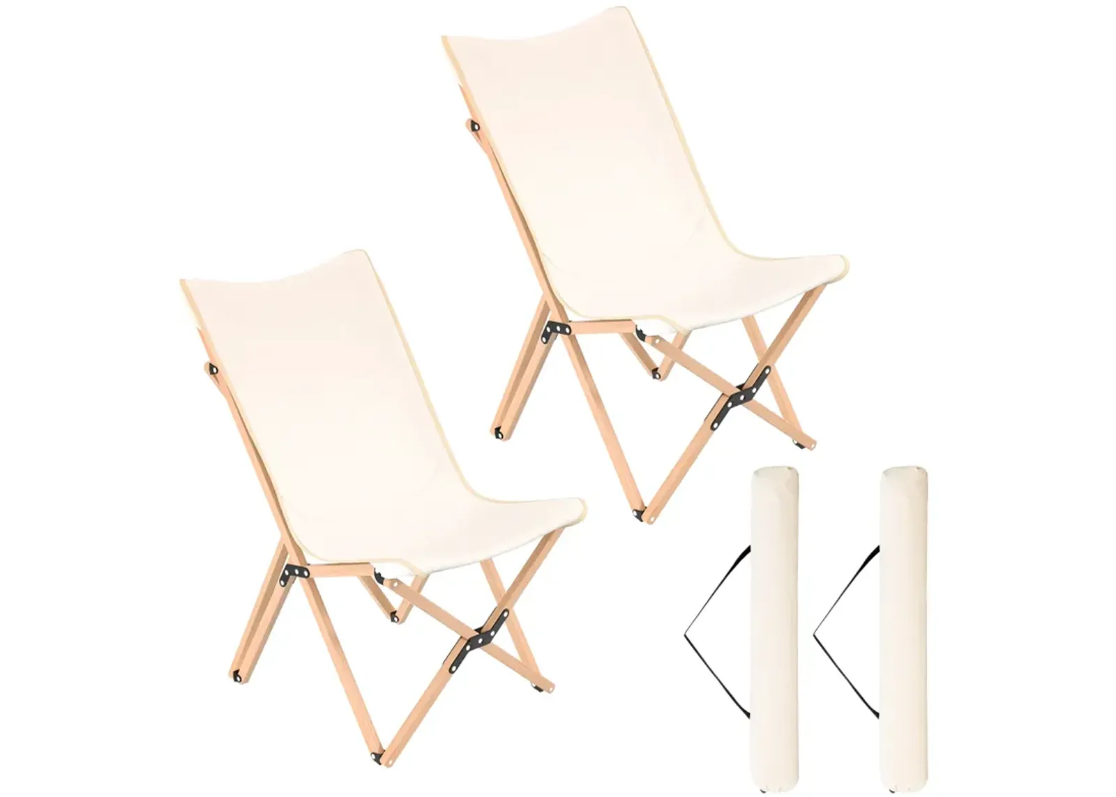 Set of 2 Bamboo Dorm Chair with Storage Pocket for Camping and Fishing-Beige